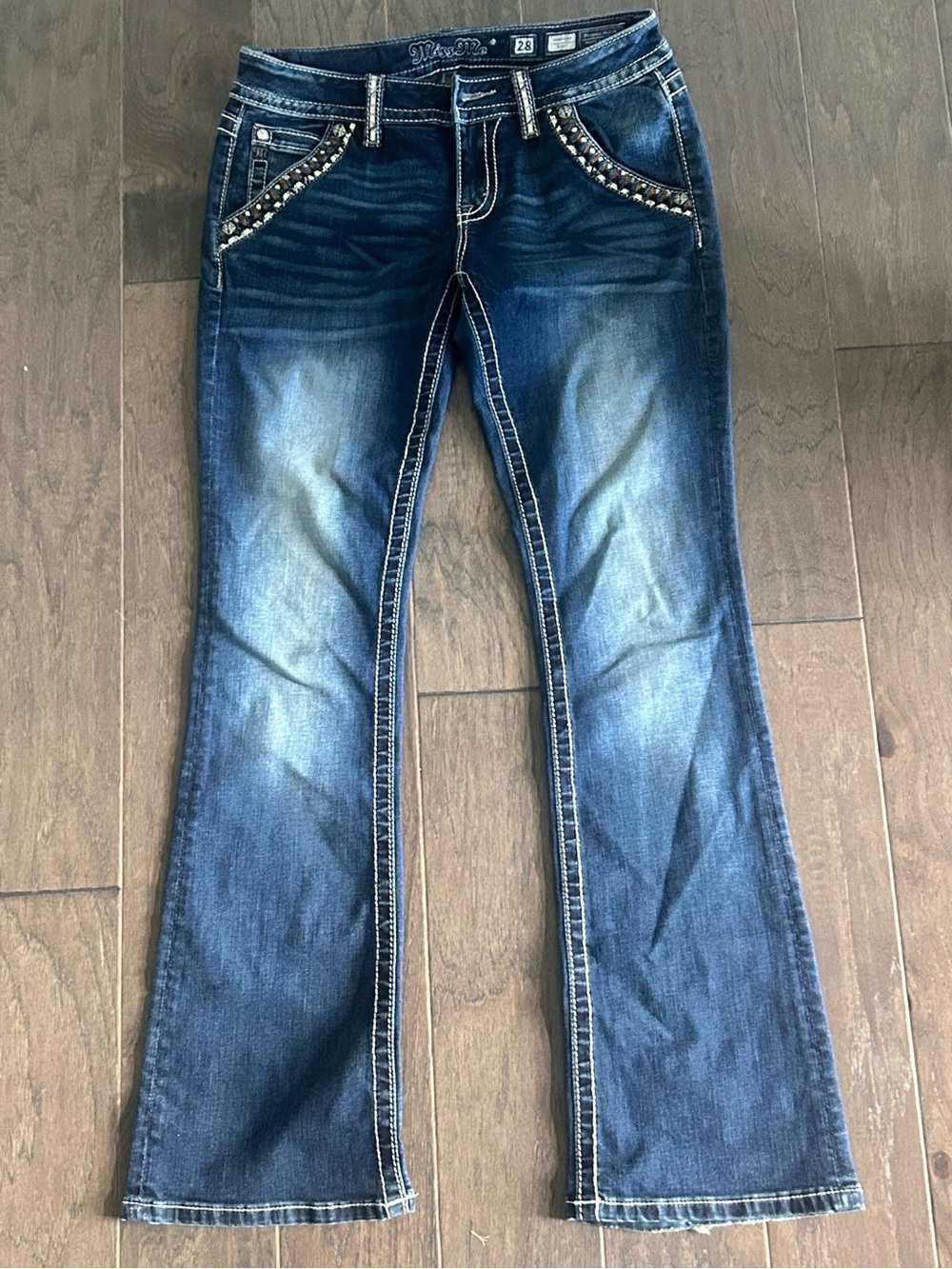 Miss Me Women’s Dark Wash Bootcut Jeans with Studded Pockets Size 28